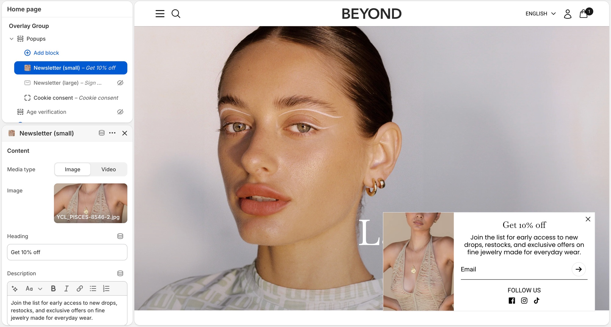 Beyond Popups block list and Newsletter (small) settings