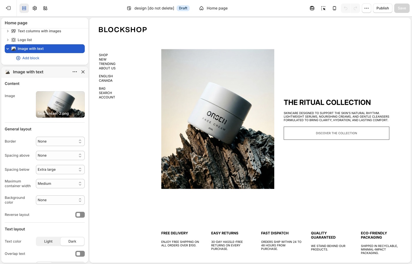 Blockshop section settings