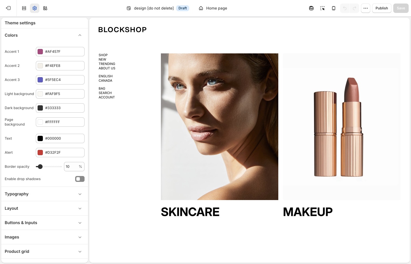 Blockshop Colors in Theme settings