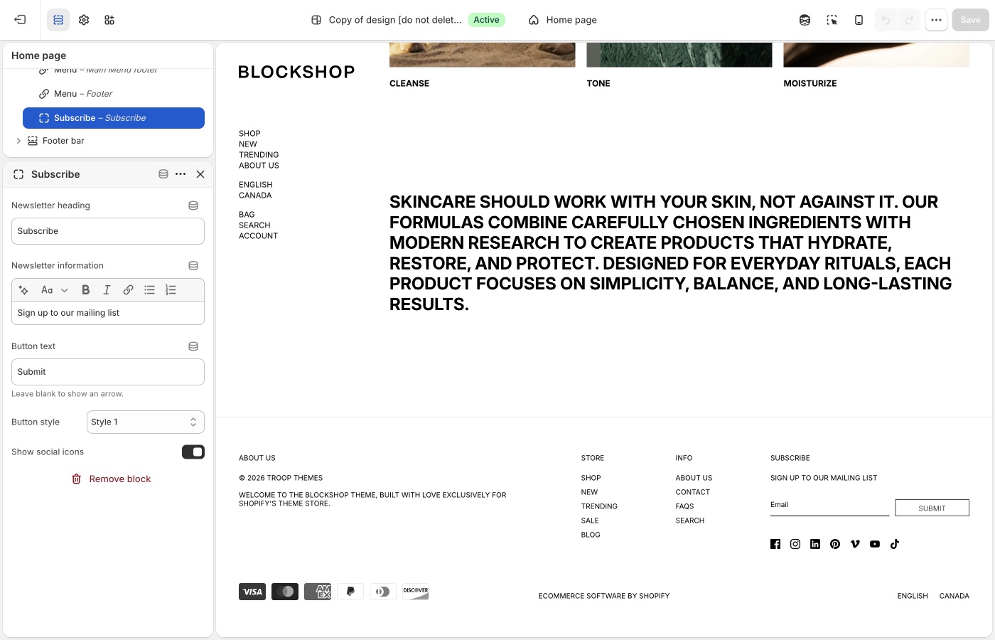 Blockshop Footer Subscribe settings