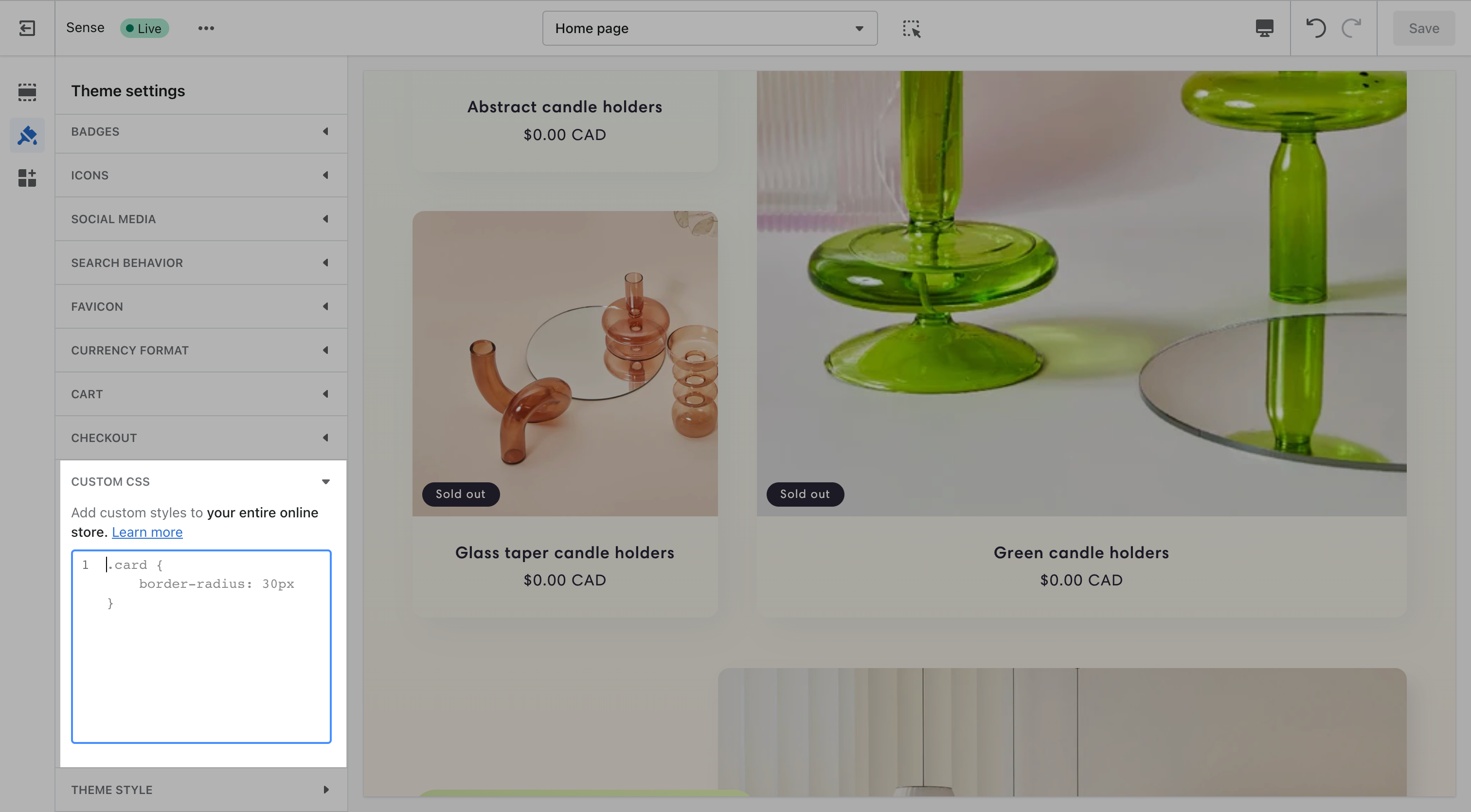 Location of the Custom CSS box in Theme settings