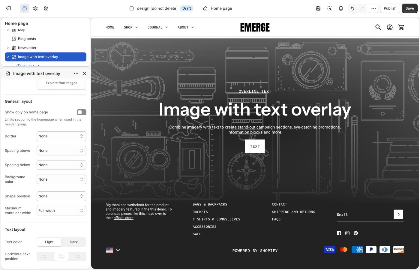 Emerge Image with text overlay section settings
