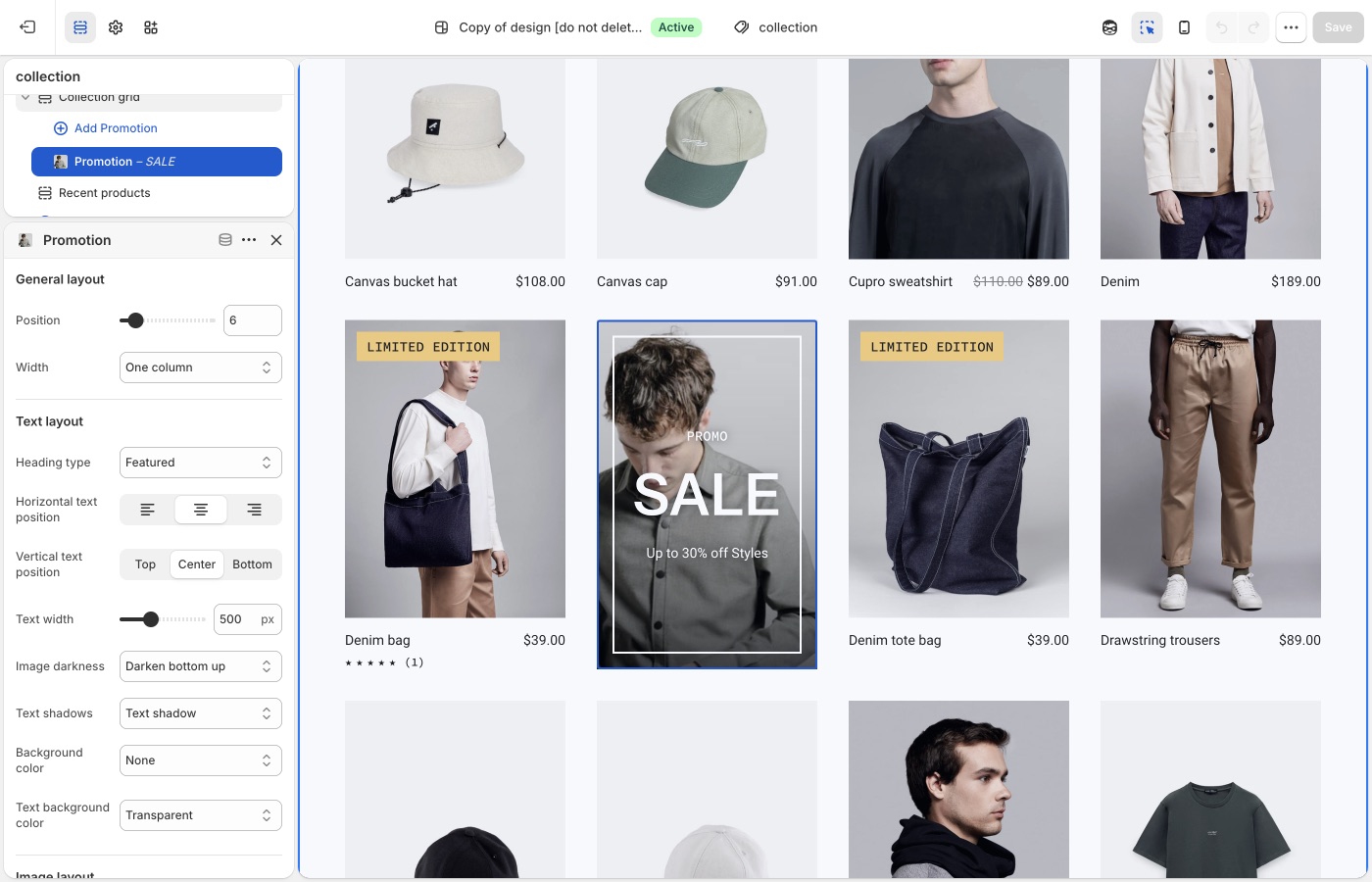 Emerge Collection grid in the theme editor