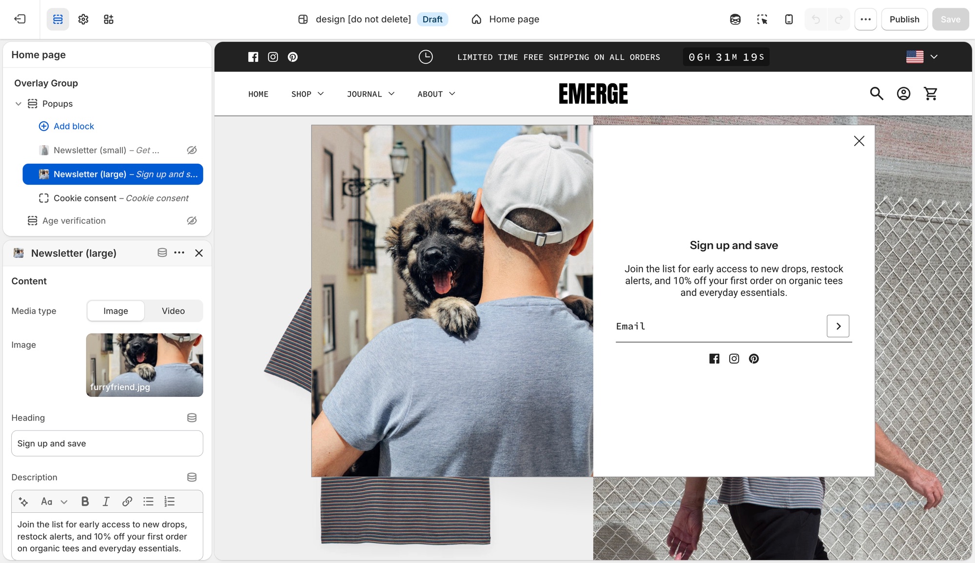 Emerge Popups block list and Newsletter (large) settings