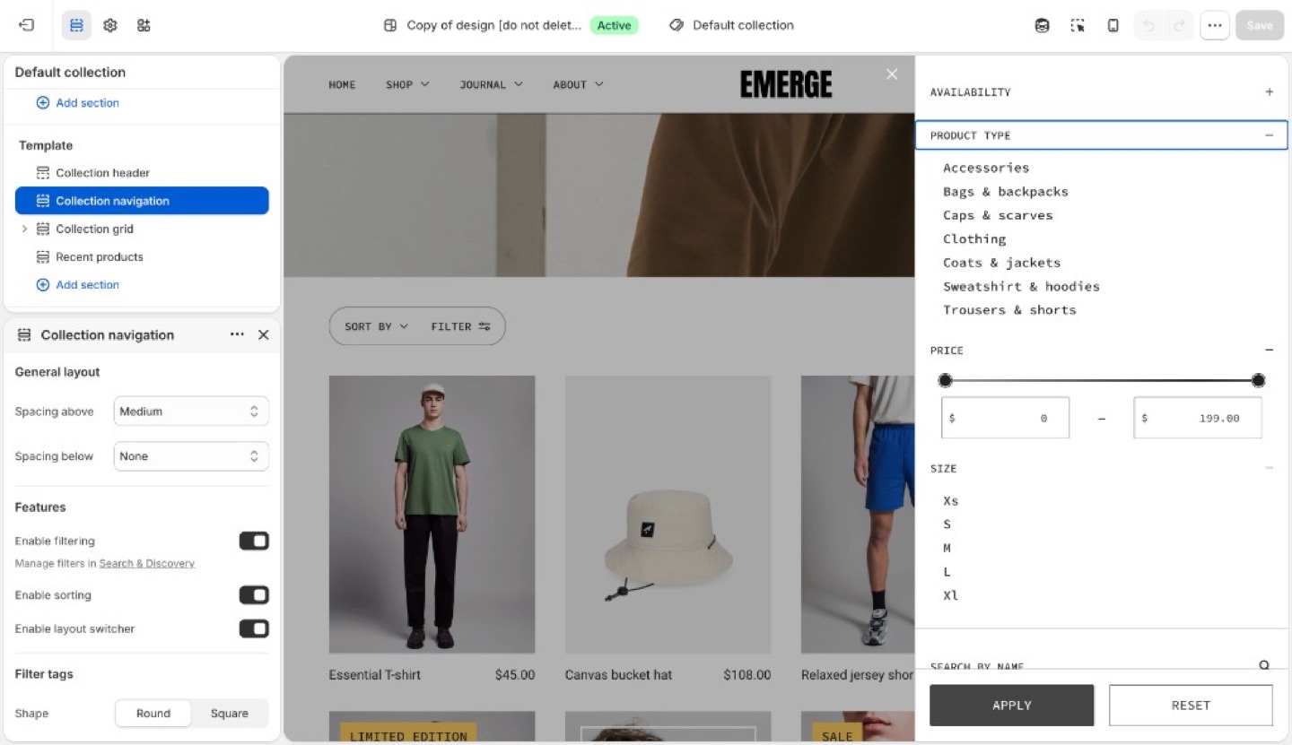 Emerge collection filters in Theme editor
