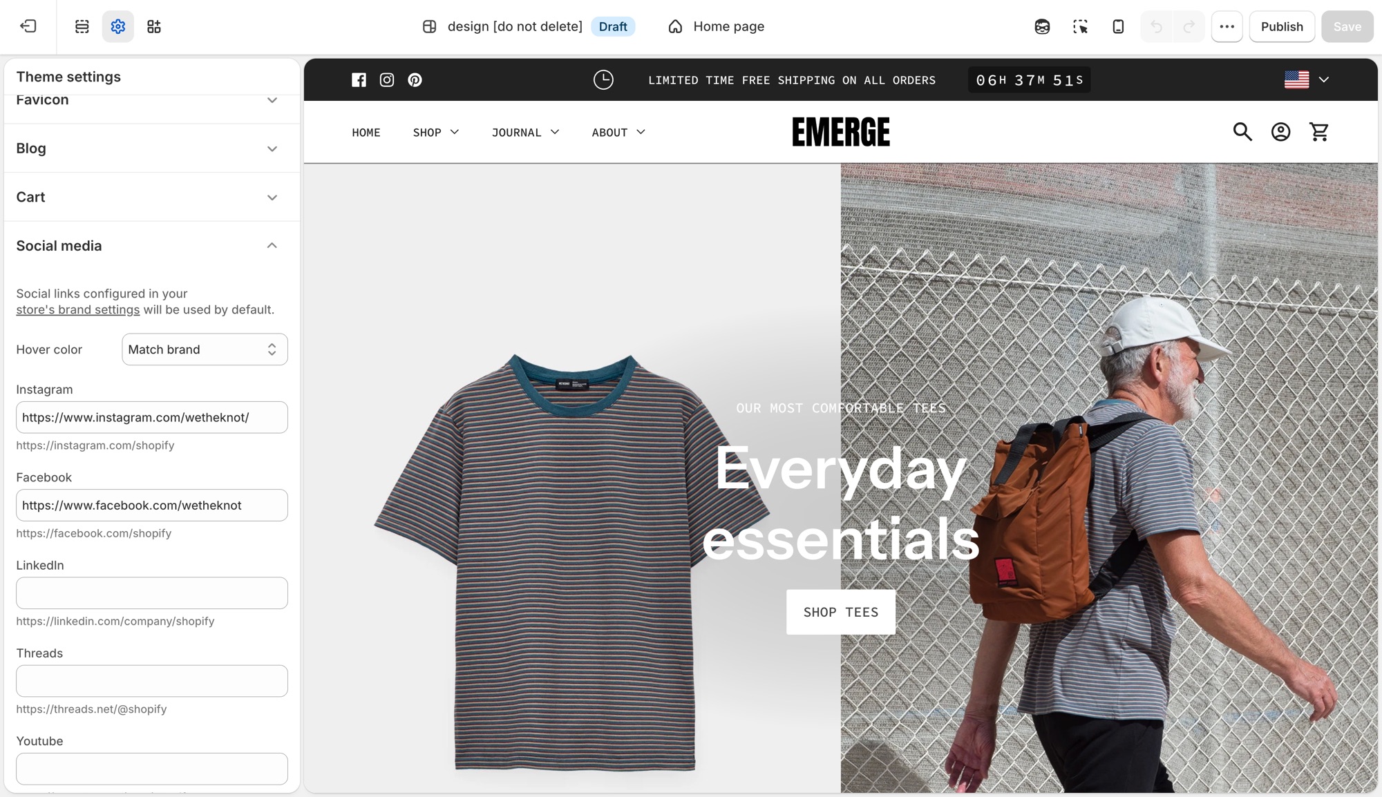 Emerge Social media in Theme settings