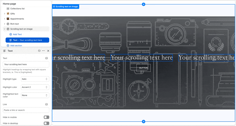 Scrolling text on image settings