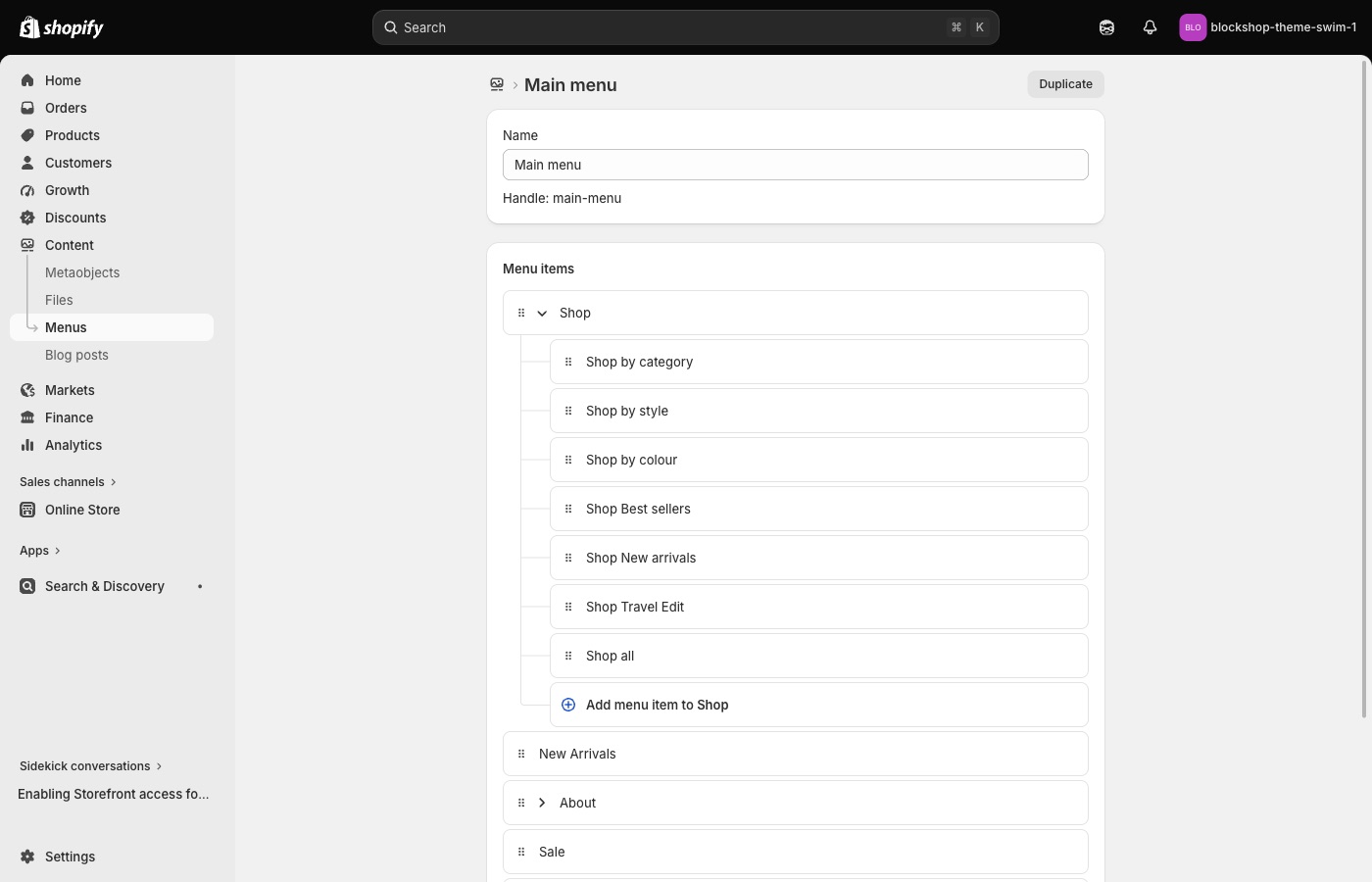 Menu items nested under Shop in Menus