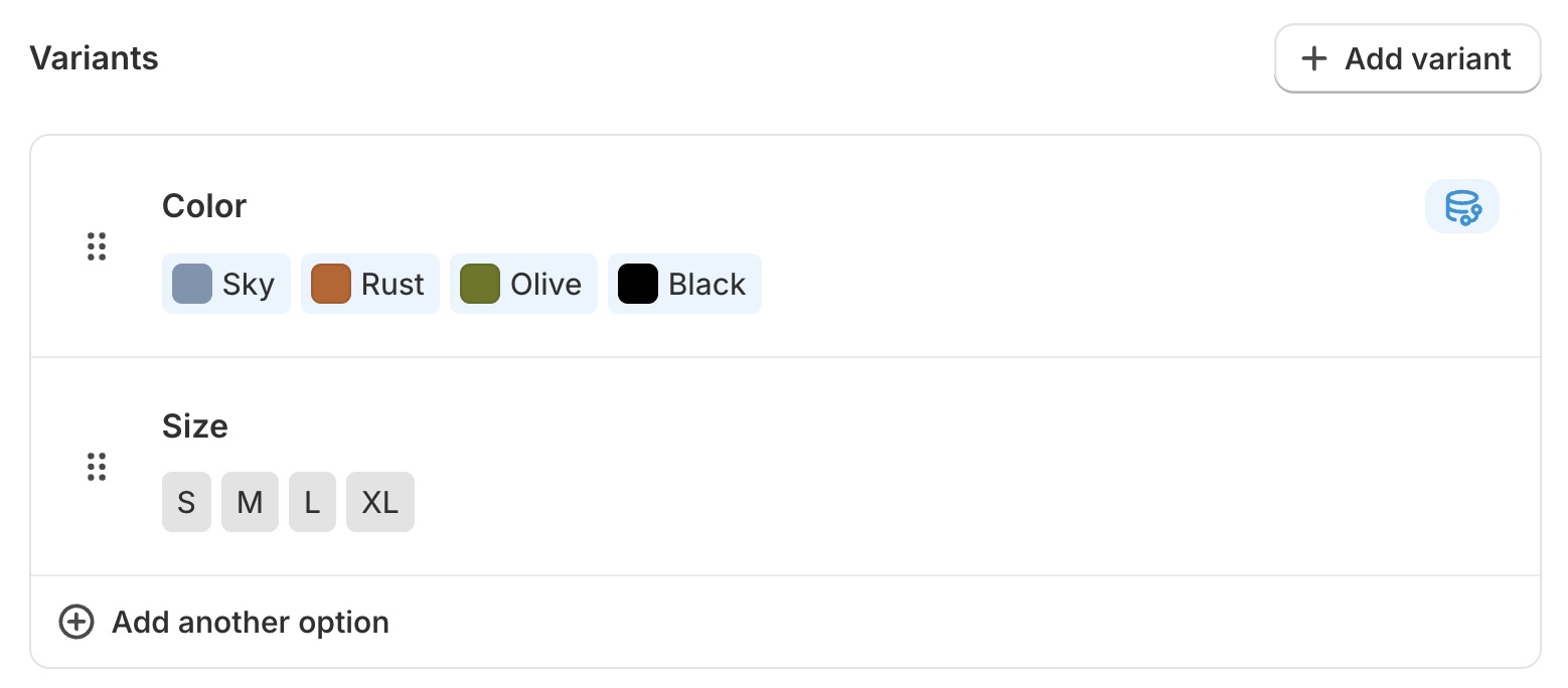 size chart admin variants