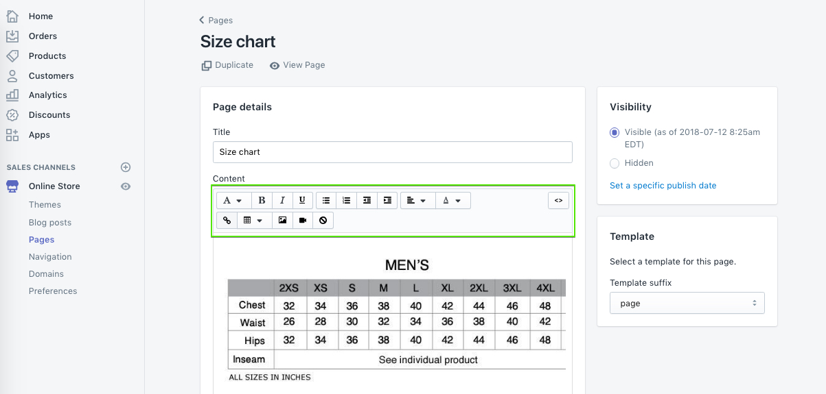 size chart admin demo