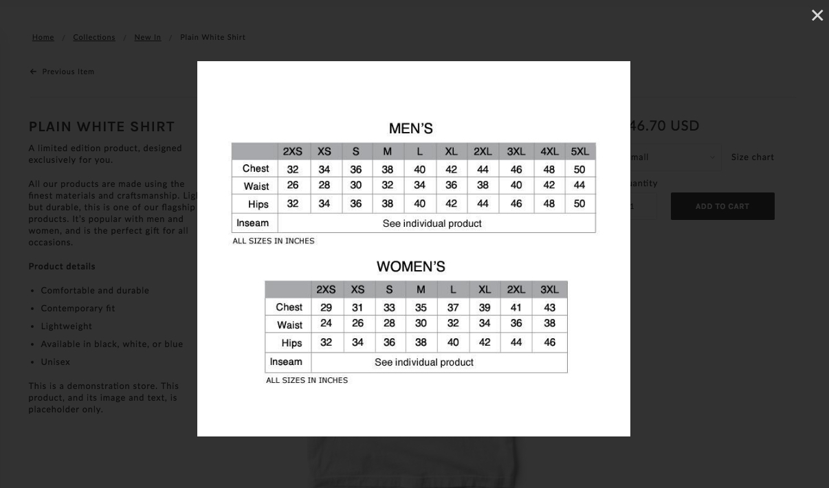 Product Size Chart