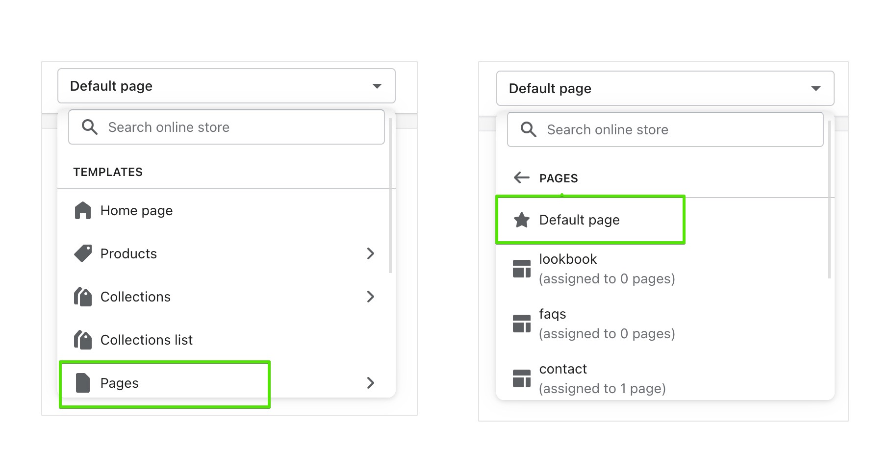 Template selector open on Pages, with Default page highlighted